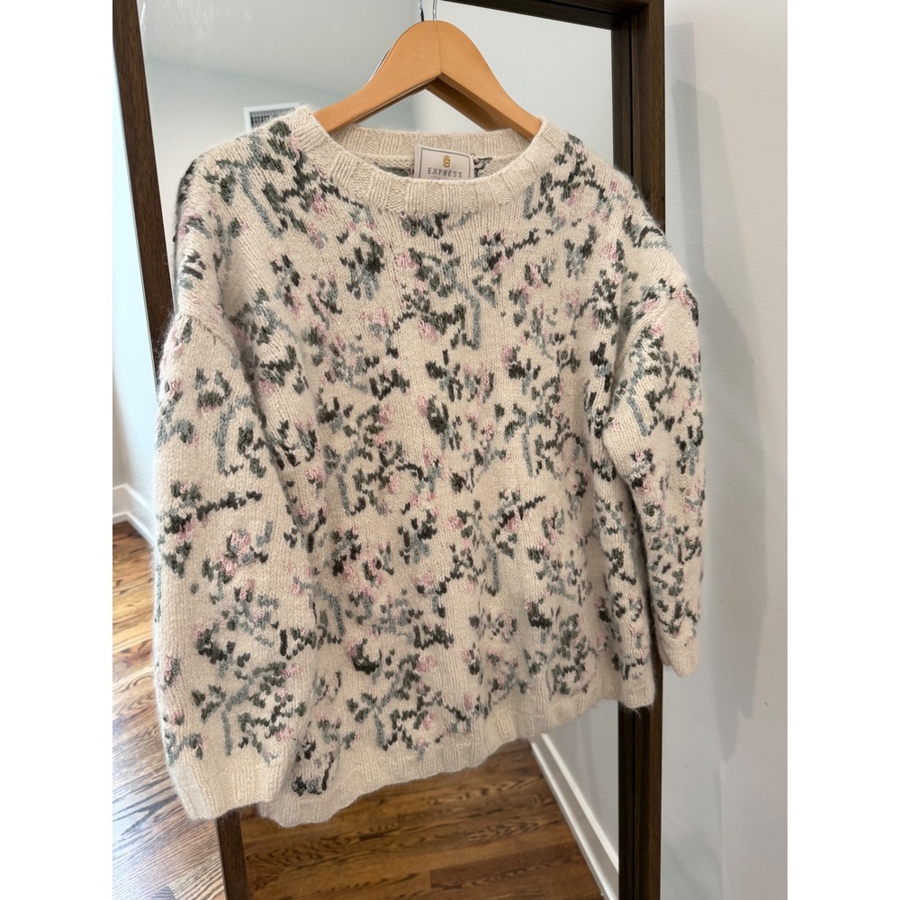 Vintage Express Tricot Chunky Hand Knot Knit Silk Floral L Sweater Pink Cream